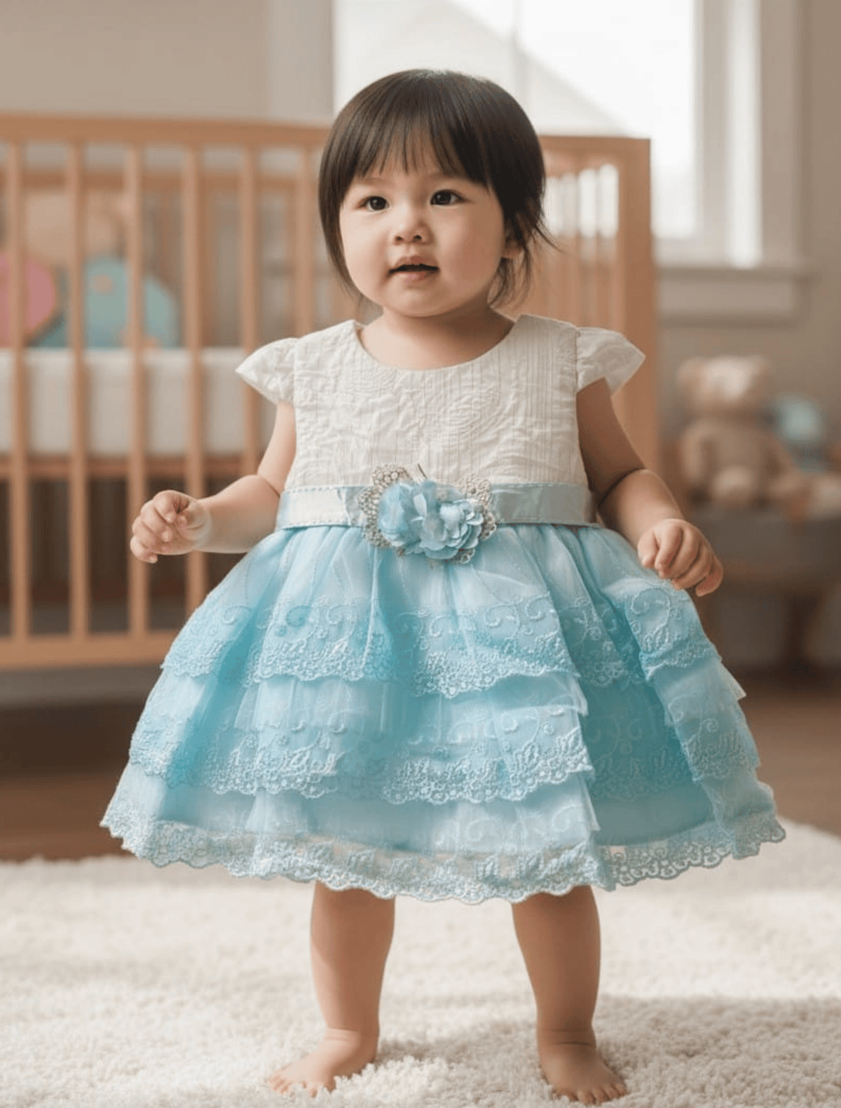 whisperingpoppers summer frocks Sky Blue & White Tiered Lace party wear Frock for Baby Girls 6month-2year.fancy,net 3 tier layer design frock .flower motif on belt .girl showing front side of baby doll frock.perfect for wedings,anniversaries,birthdays,and parties.pakistan hot fashion 
