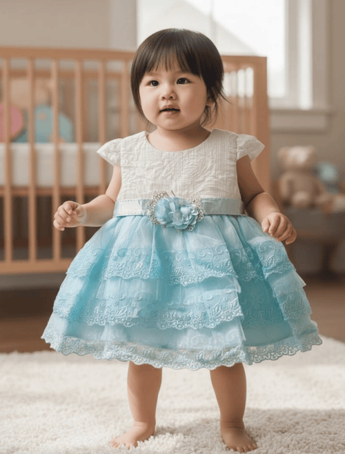 whisperingpoppers summer frocks Sky Blue & White Tiered Lace party wear Frock for Baby Girls 6month-2year.fancy,net 3 tier layer design frock .flower motif on belt .girl showing front side of baby doll frock.perfect for wedings,anniversaries,birthdays,and parties.pakistan hot fashion 