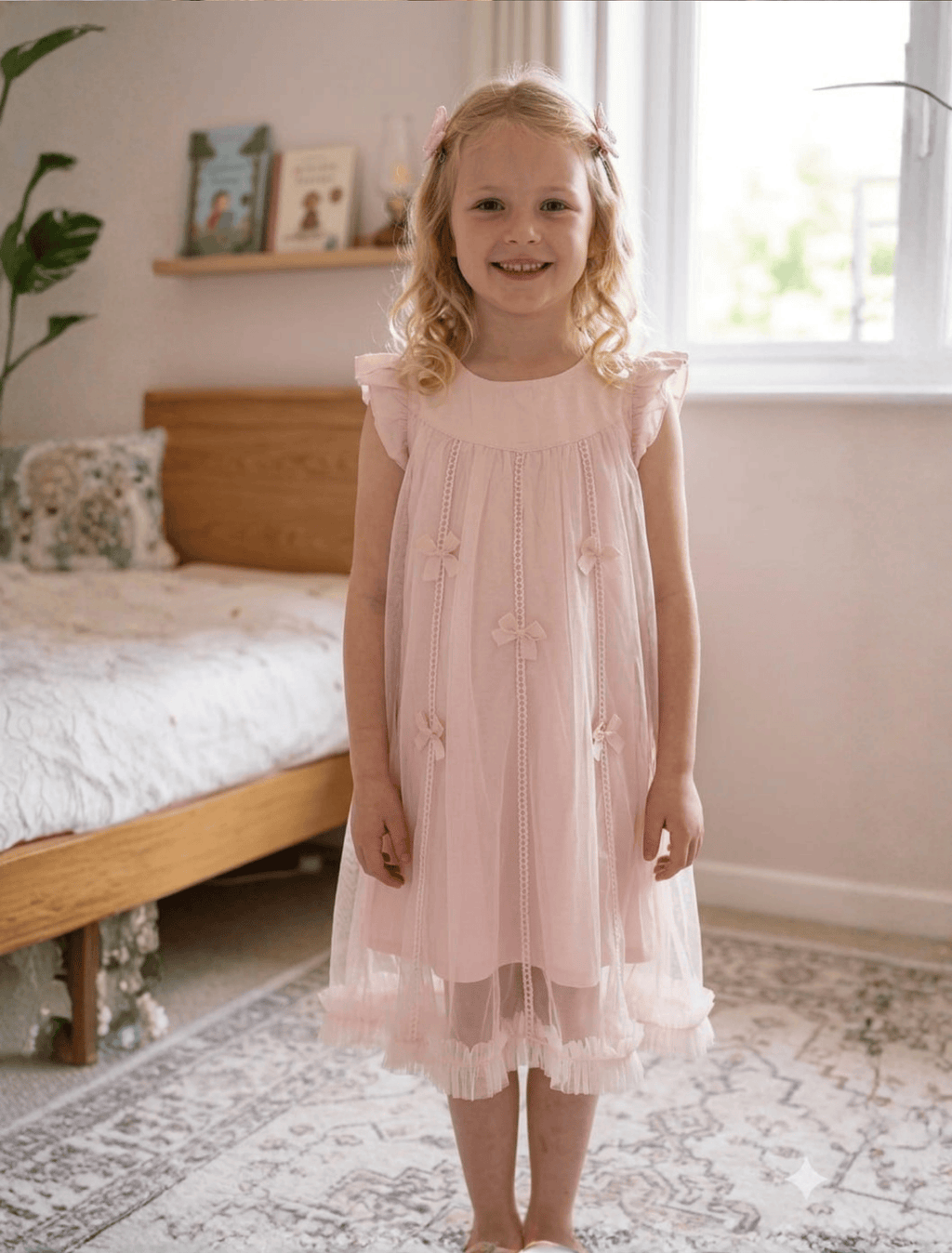 whisperingpoppers summer frocks Blush Teapink Tulle Bow Party Dress Girls age 4-7year-another girl showing front view of frock . cool cozy  and comforabe all day long wear in summer season in pakistan. birthadys .party wear.weding event .