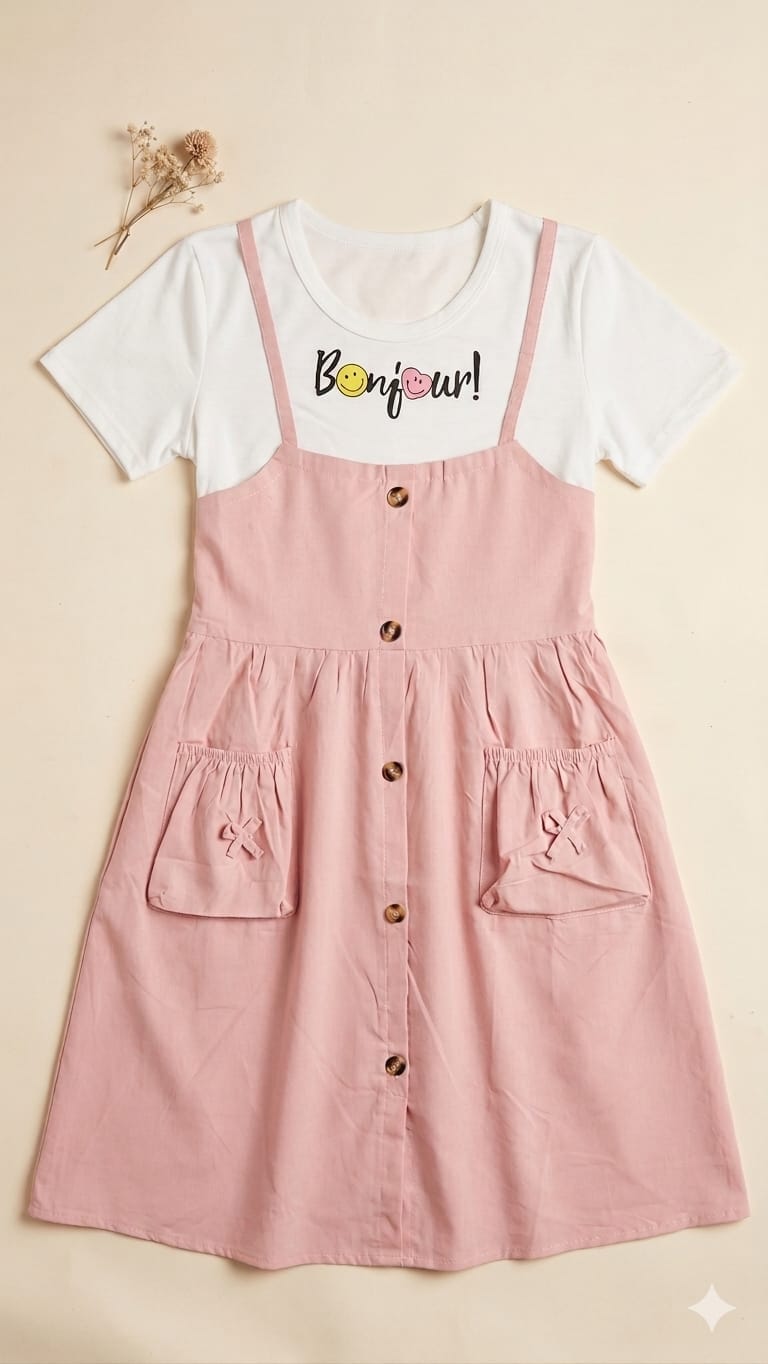 whisperingpoppers summer frocks T-shirt+pinrfore syle frock - girl age 2-6y.teapink colour.front detail view  on flat lay surface.moderen latest fashion for girls .  best to wear  in pakistan summer season .modest to wear in niternational  tours .like baku and dubai.best for every event  like dinner lunch and gatherings
