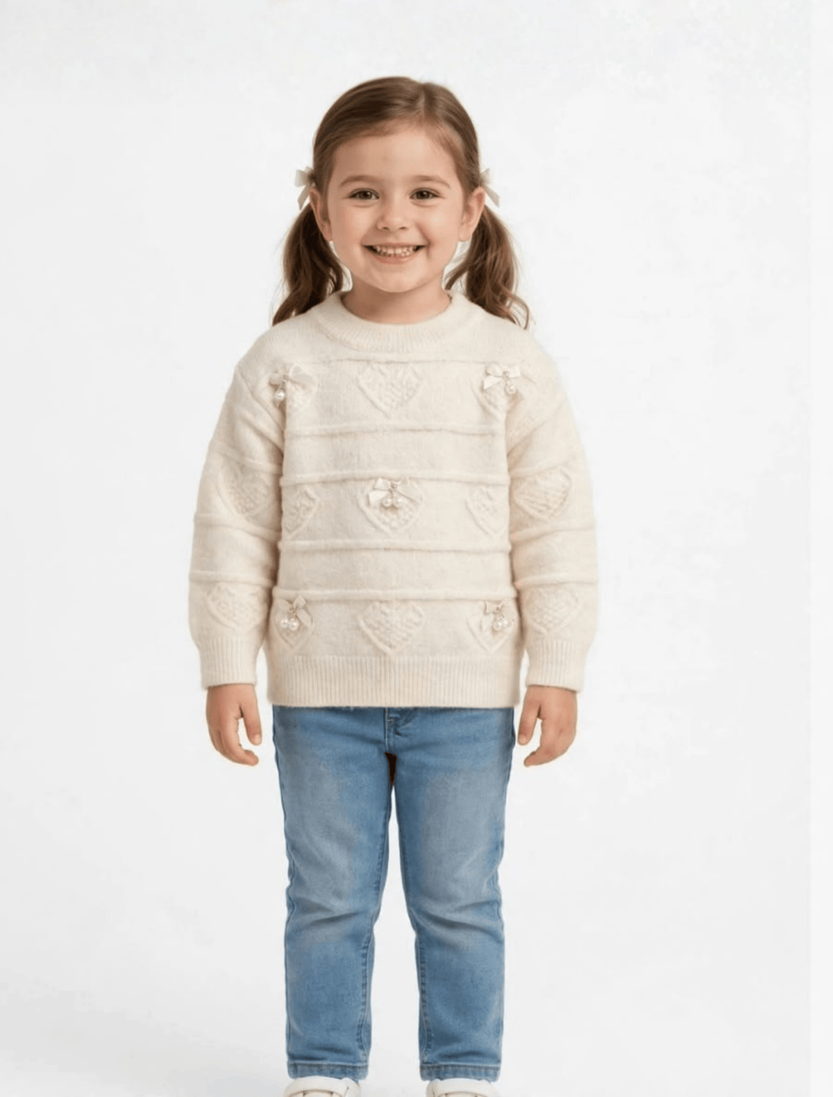 whisperingpoppers jersy Textured Knit Sweater with Pearl Bow Details for Girls age 2 to 6 year Textured Knit Sweater with Pearl Bow Details for Girls age 2 to 6 year