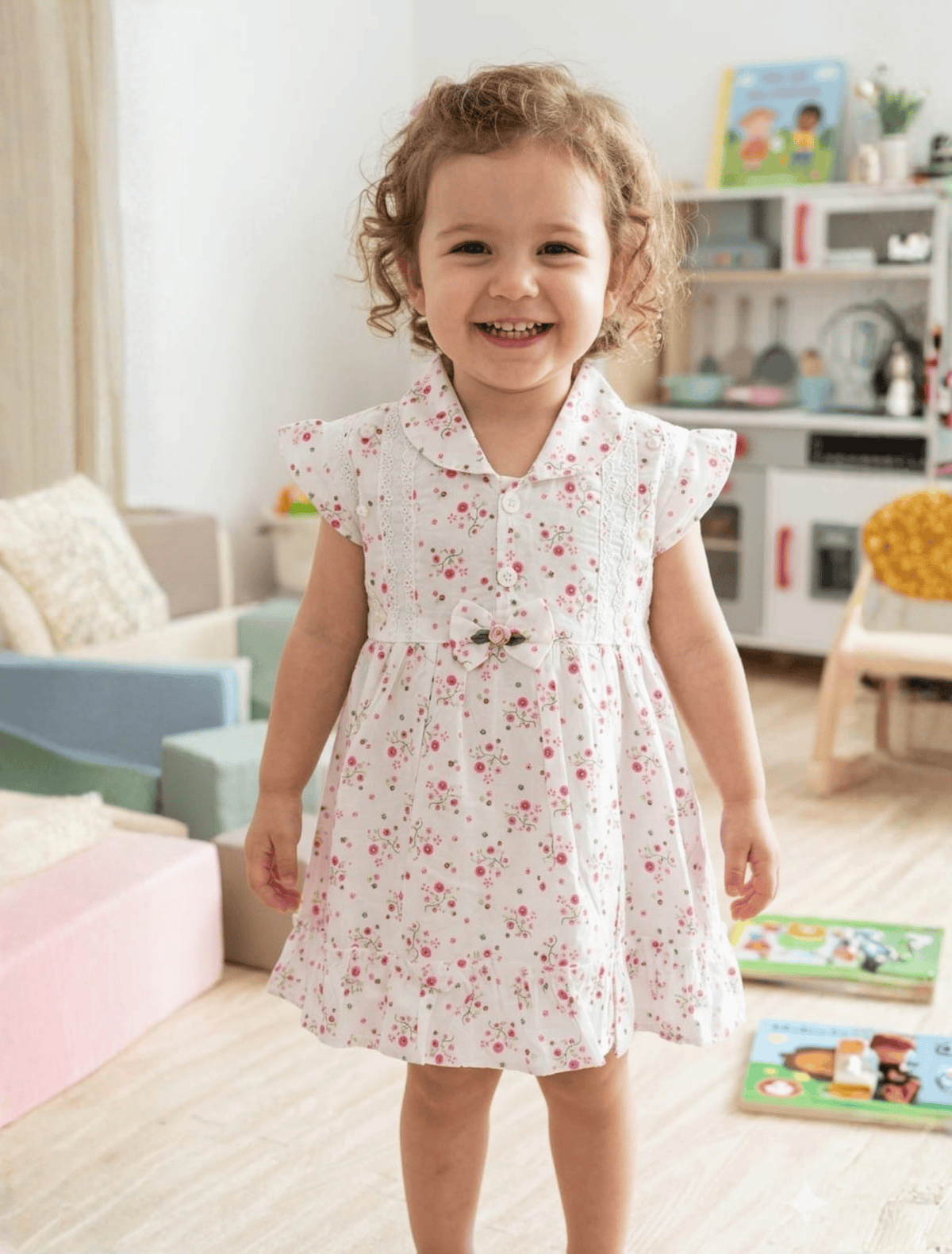 whisperingpoppers summer frocks White Floral Frock with Lace Detail -lawn fabric— Girls age 9 month to24 month 9 month to 2 year age group.soft lawn frock perfect in summer season of pakistan.best seller.COD and bank transfer available in pakistan perfect for every event and all day long.front view of frock 