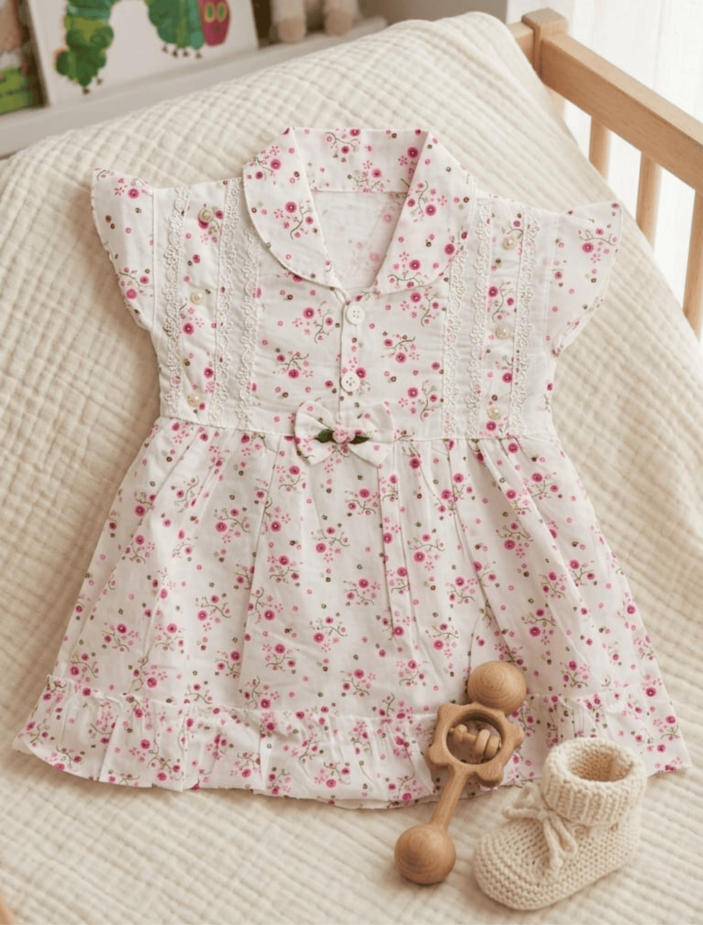whisperingpoppers summer frocks White Floral Frock with Lace Detail — Girls 9 month -24 month-  flat lay of frock view showing  all details of this lawn frock.best in summer in pakistan