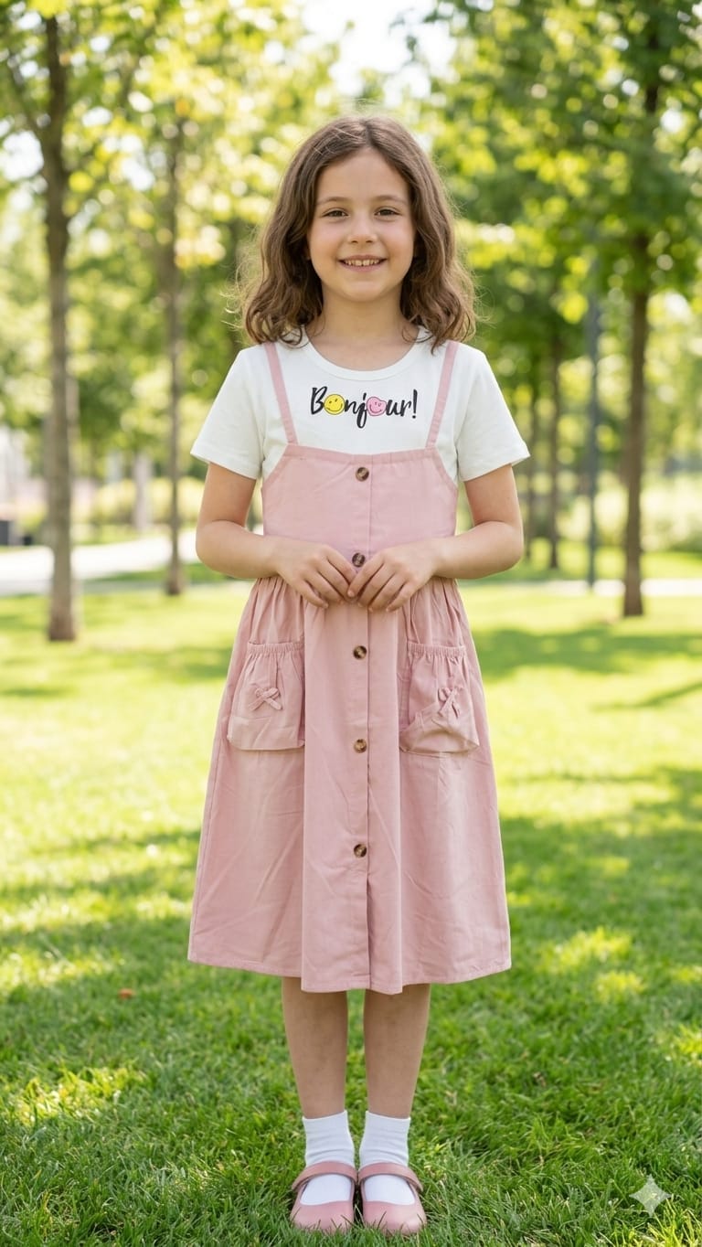whisperingpoppers summer frocks T-shirt+pinrfore syle frock babypink colour - girl age 1-6y .latest modern style.perfect to wear in summer season.imported baric.2 front pockets with button style .showing front view of the frock.beat for all day long use in parties, outings and functions.pakistan latest style wear in little girls