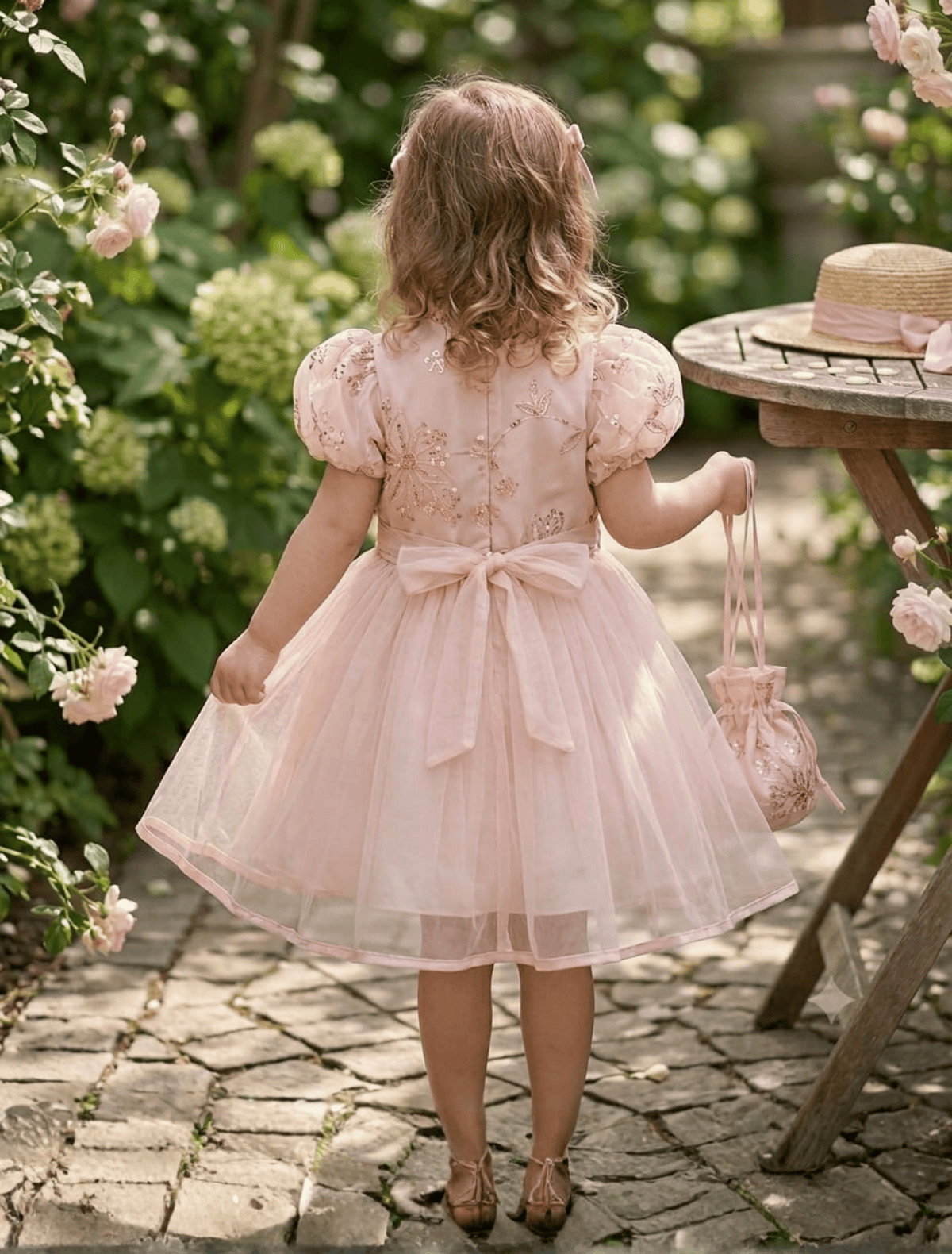 whisperingpoppers summer frocks  back view of Pastel Pink Embroidered Jacket Frock  with Sequin Detail+ Matching Clutch — Girls 3 to 8 Years- imported net -perfect for pakistan summer season.weddings ,birthdays and formal gatherings