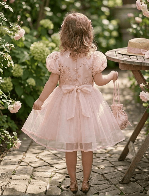 whisperingpoppers summer frocks  back view of Pastel Pink Embroidered Jacket Frock  with Sequin Detail+ Matching Clutch — Girls 3 to 8 Years- imported net -perfect for pakistan summer season.weddings ,birthdays and formal gatherings