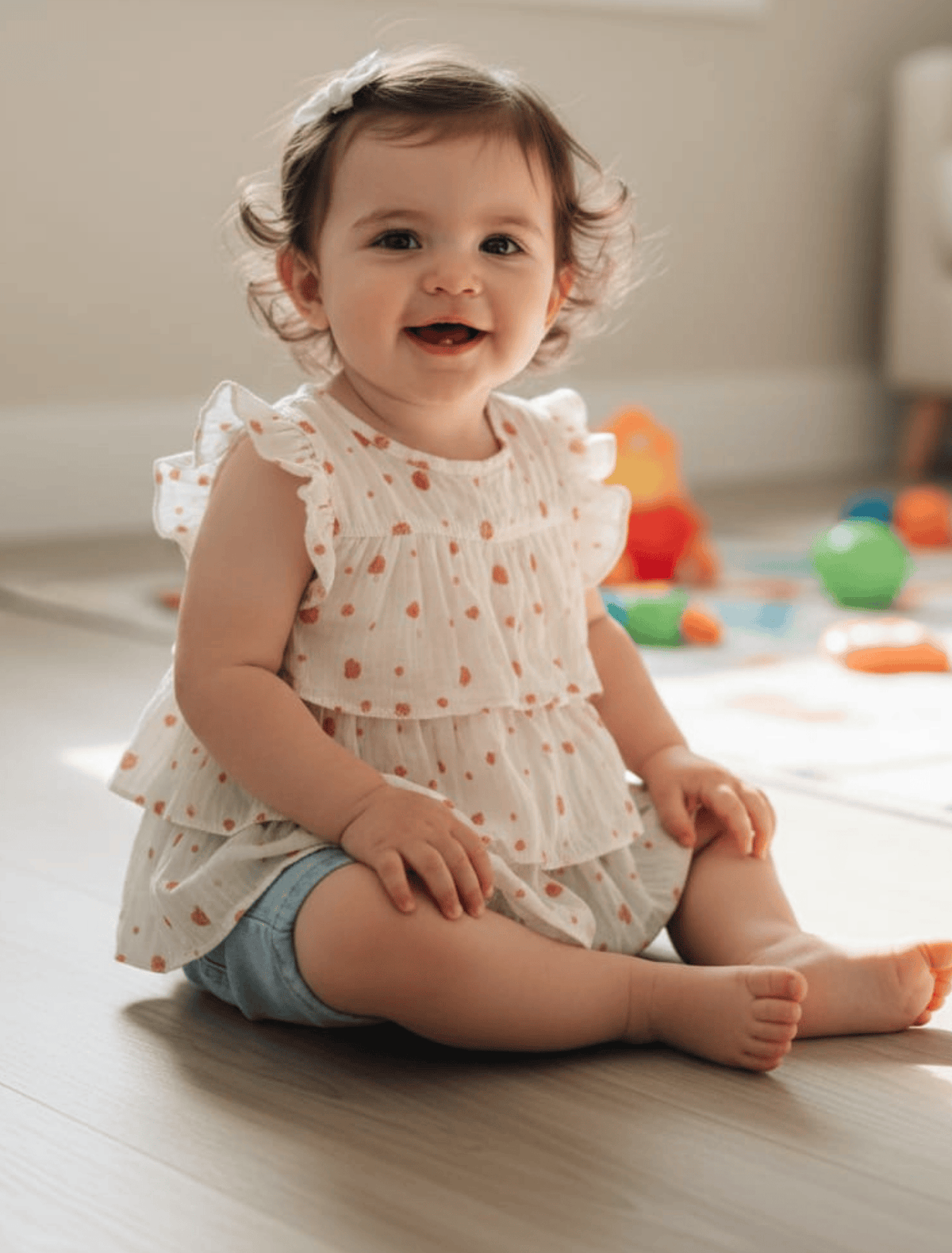 whisperingpoppers summer frocks caketop White base Red design Top  for Baby Girls  age 9month -3year  perfect in summer season in pakistan.cool stylish design .for every occassions.formal and casual wear.imported top.baby girl showing front view of frock .breathable comfortable fabric