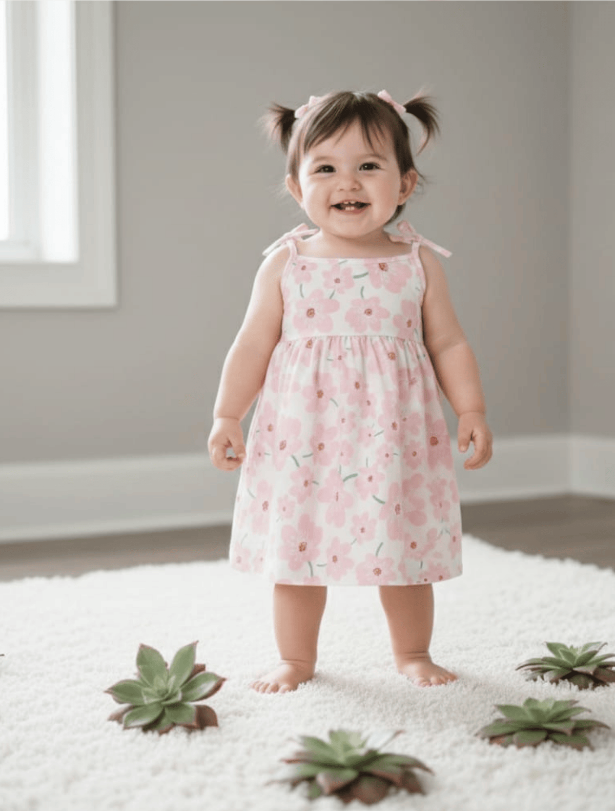 whisperingpoppers summer frocks Colorful pink Floral Print Cotton Frock for Baby Girls age 1-2y  baby girl wearing impoted cotton breathable rok dress.perfect for all season in pakistan.sleeles.formal and casual wear