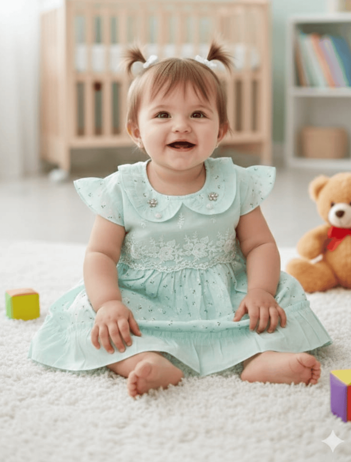 whisperingpoppers summer frocks pistachio hues lawn frock-Baby girl age 9 month-1.5 yea.1 year old girl showing front view of the frock. breathable lawn fabric frock .peterpan coller and embriodered net bodice and lawn printed desgine. frill desgine on end of the frock.beautiful printed fabric. cool in hot summer days of pakistan.belt on back for adjustment and button on back for easy wear