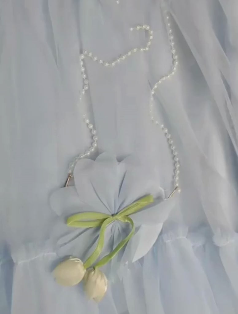 A-Line  sky blue Tulle Ruffle Frock with matching Bag and pearl strap detail video-— Girls 4 to 9 Years age  pakistan summer season.wedding,birthdays and gatherings -best for outings and eid and celebrations